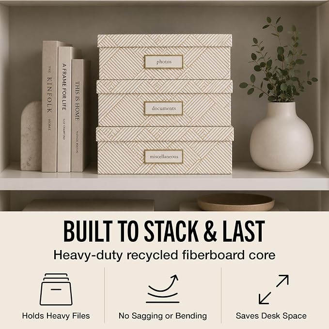 Bigso Oskar Fiberboard Label Frame Document Letter Box for Important Paperwork A4 or Letter Size - Durable Keepsake Box with Lid and Metal Label Holder - 3.3in x 10.2in x 13.8in - Golden Square - Image 3