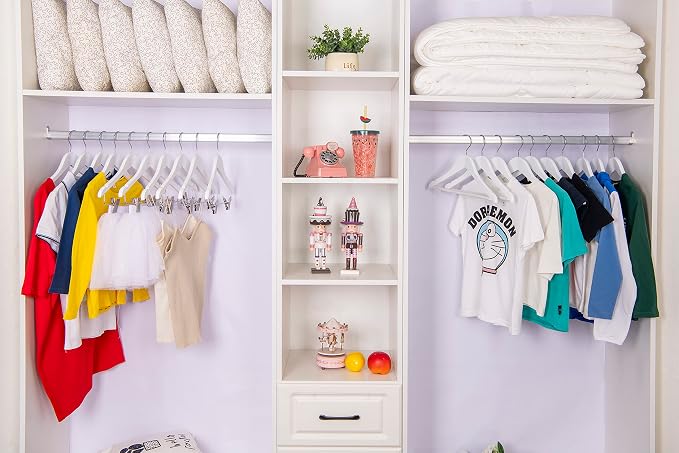 Quality Hangers 20 Pack Kids Hangers 14 Inches - Junior Preteen Youth Wooden Clothes Hanger with Curved Shoulder Swivel Chrome Hook Coated Pant Bar & Nonslip Notches (White, 20) - Image 2