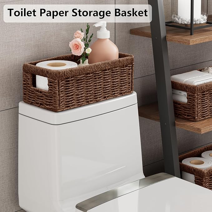 Wicker Storage Basket, Set of 2 Hand Woven Wicker Baskets for Organizing with Handles, Decorative Small Storage Bins for Countertop Toilet Paper Basket for Toilet Tank Top, Shelves, Brown - Image 3