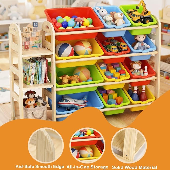 Toy Storage Organizer with Bookshelf, Wooden Toy Organizers with 3 Shelves 12 Storage Bins, Kids Bin Shelf Toys Box Bookcase for Playroom Bedroom Organization, Multi Color - Image 5