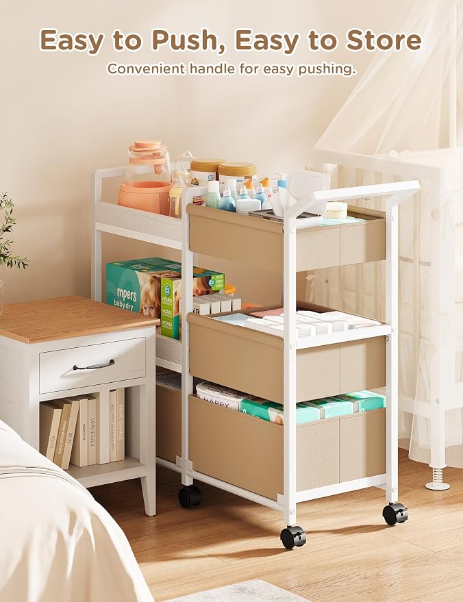 Twinkoo Baby Diaper Caddy Organizer, 3 Tier Rolling Cart | Tiered Modular Configuration, 66 lbs Capacity, Rolling Wheels, Dipaer Bag, Nursery Newborn Essentials, Easy To Assemble - Image 3