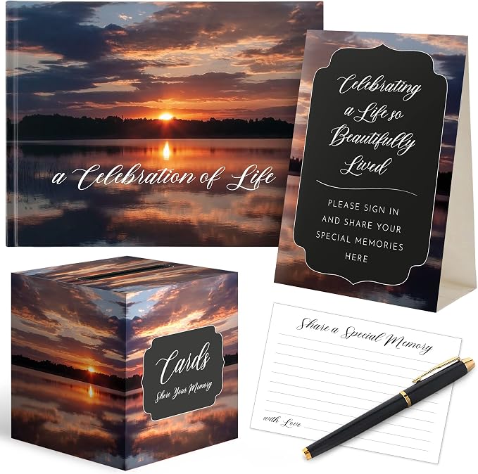 All-In-One Funeral Guest Book Set – Elegant Memorial Guestbook, Funeral Register Book, 60 Memory Cards, Collection Box, Black Pen, Table Sign, Celebration of Life Guest Book, Memorial Keepsake by Portiche