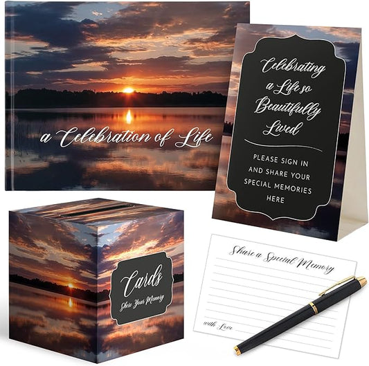 All-In-One Funeral Guest Book Set – Elegant Memorial Guestbook, Funeral Register Book, 60 Memory Cards, Collection Box, Black Pen, Table Sign, Celebration of Life Guest Book, Memorial Keepsake by Portiche