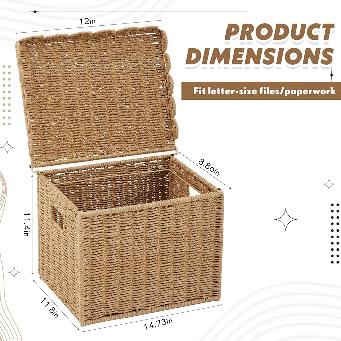 Jingmore File Organizer Box with Scalloped Lid, Paper Rope, Dark Brown | Portable Storage Box Collapsible Letter Hanging Filing Organizer Basket for Office/home, Woven Wicker Decorative Document Box - Image 2