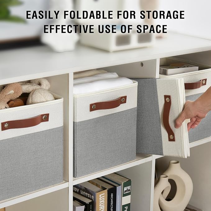 Collapsible Fabric Storage Cube Bins with 2 Reinforced PU Handles, Foldable Storage Organizer Baskets for Closet, Shelves, Living Room | 11"x11"x11", 4 Pack, Gray & White - Image 6