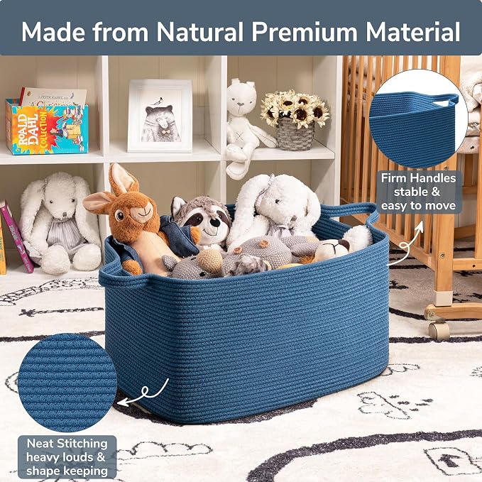 Goodpick Large Woven Rope Blanket Basket, Rectangle, Dark Blue | 21.6'' x 14.9'' x 11.8'' Storage Basket for Blankets & Toys, Living Room, Bedroom & Nursery Organization, Reinforced Handles - Image 6