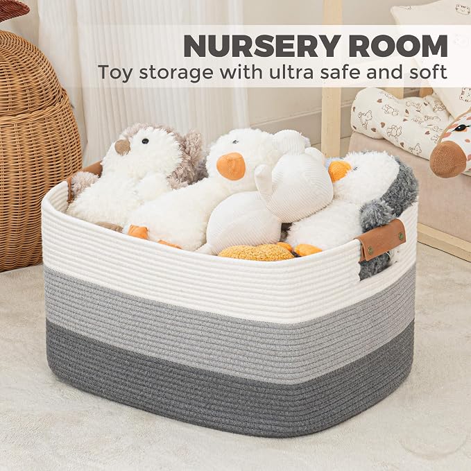 Rectangle Blanket Storage Basket, 50L Large Decorative Basket Living Room, Storage Bin with Handle, Woven Rope Hamper for Toy Organizing & Laundry, 18.11’’*14.17’’*11.81’’ Gradient Grey - Image 5