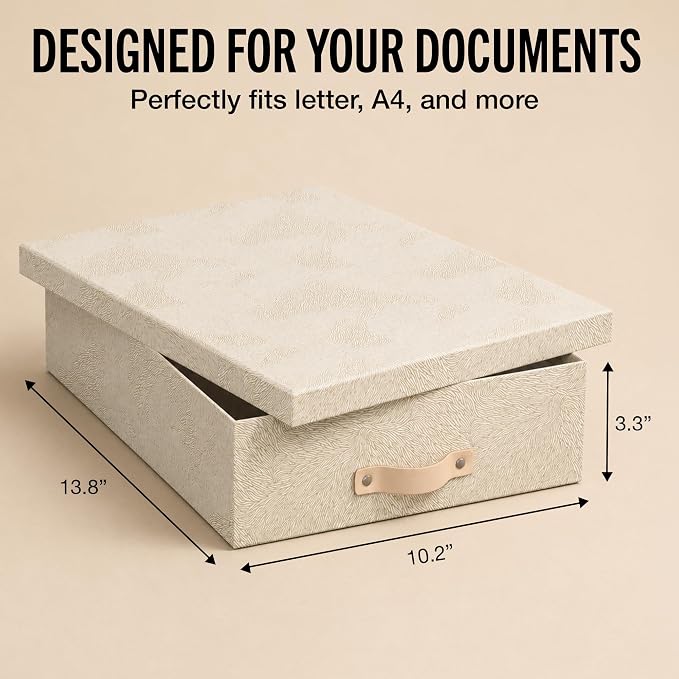 Bigso Oskar Fiberboard Document Storage Box with Lid for A4 and Letter Size Papers - Stylish, Sturdy, and Stackable Keepsake Box with Leather Handle - W10.2in x D13.8in x H3.3in - Waves Gold - Image 4