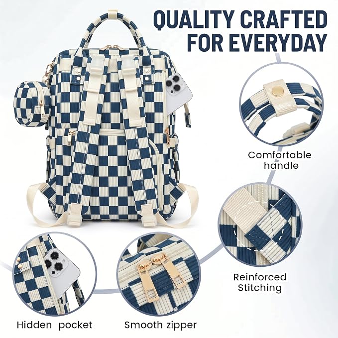 Baby Diaper Bag Backpacks for Mom Dad, Corduroy Large Capacity Multifunction Nappy Bag with Pacifier Case, Baby Travel Essentials Diaper Backpack for Boys Girls - Checkered Navy Blue - Image 6