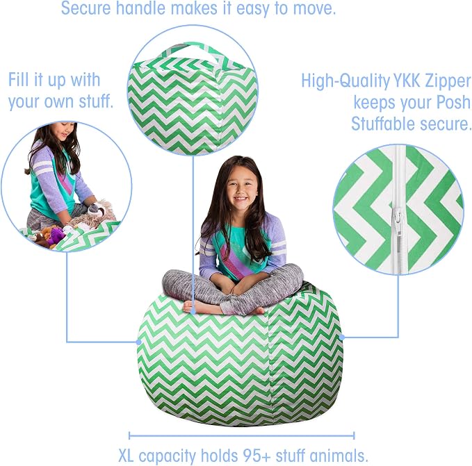Posh Stuffable Kids Stuffed Animal Storage Bean Bag Chair Cover - Childrens Toy Organizer, Large 38" - Pattern Chevron Green and White - Image 2