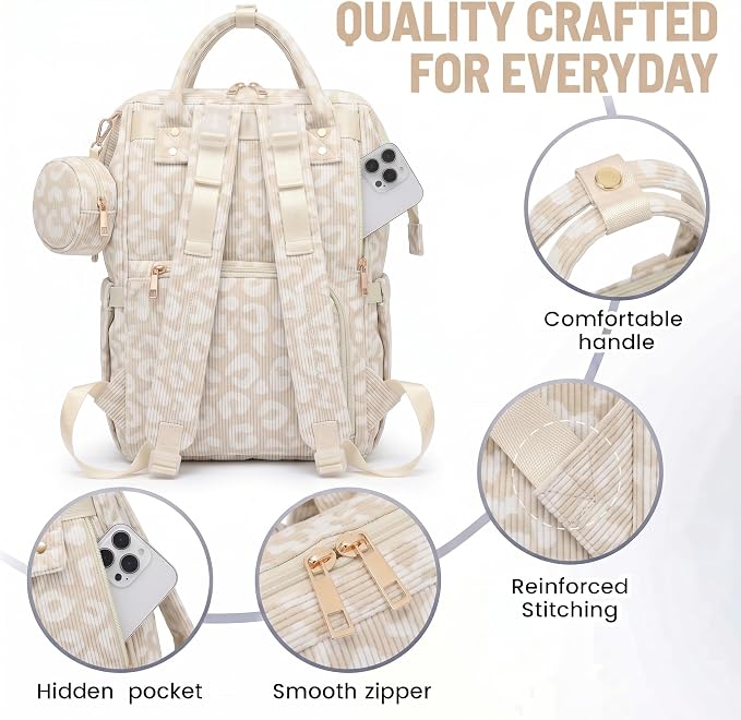 Baby Diaper Bag Backpacks for Mom Dad, Corduroy Large Capacity Multifunction Nappy Bag with Pacifier Case, Baby Travel Essentials Diaper Backpack for Boys Girls - Leopard Khaki - Image 6