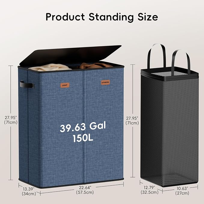 150L Double Laundry Hamper With Lid, Large Clothes Hampers with Removable Bag, Laundry Hamper 2 Section for Bathroom, Bedroom, Laundry Room, Dorm, Navy Blue - Image 3