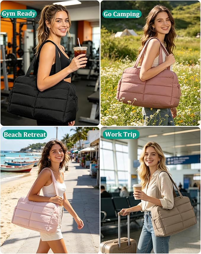 BAGSMART Gym Bag for Women, Lightweight Puffer Duffle Bag 2-PC Travel Bag, 31L Weekender Overnight Bag Quilted Carry On Tote Bag, Diaper Hospital Dance Bag for Travel, Gym, Water Resistant, Beige - Image 8