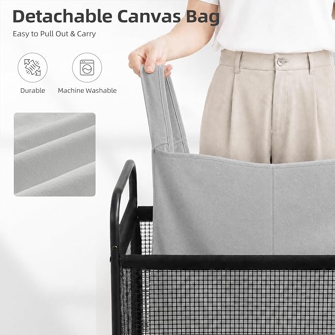 STORAGE MANIAC Rolling Laundry Hamper with Wheels 2-Section Laundry Sorter Rolling Laundrys Basket on Wheels with Removable Bag Clothes Hamper Laundrys Organizer Cart Bathroom Bedroom 100L Grey - Image 4