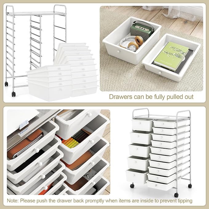 RELAX4LIFE 15-Drawer Rolling Storage Cart - Utility Cart with Metal Frame, Lockable Wheels & Removable Drawers, Multipurpose Art Craft Organizer for Home Office, Classroom (White) - Image 6