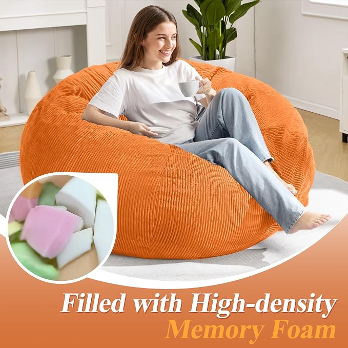 5FT Bean Bag Chair for Adults,Gaint Teardrop Beanbag with Filler | Beanbag Chair with Memory Foam Filled,Bean Bags with Handy Handle&Machine Washable Cover for Living Room,Bedroom-Orange - Image 4