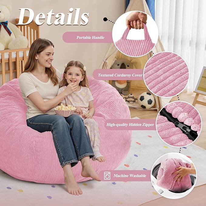4FT Bean Bag Chair for Adults,Large Teardrop Beanbag with Filler | Beanbag Chair with Memory Foam Filled,Bean Bags with Handy Handle&Machine Washable Cover for Living Room,Bedroom-Light Pink - Image 5