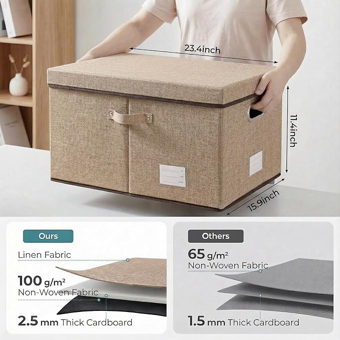 Storage Bins with Lids [3-Pack] Jute Fabric Foldable Storage Boxes Organizer Containers Baskets Cube with Cover for Home Bedroom Closet Office Nursery khaki（23.4X15.9X11.5 - Image 2