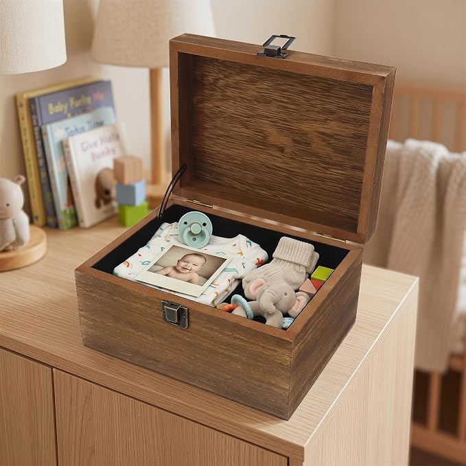 Wooden Keepsake Storage Box with Hinged Lid for Wedding Treasure Decorative | 8x6x4.4 Inches can Hold 5x7 Pictures Baby Keepsakes, Stash Case with Black Velvet Base, Small Memory Case Wooden - Image 3