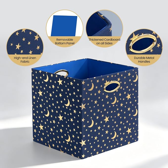 Posprica 13x13x13 Storage Cube Bins, Collapsible Storage Bins Fabric Storage Cubes Organizer Baskets Box Drawers for Shelves, Closet, Wardrobe, Bookshelf, Cabinet, Blue-Moonstar, 4 Pack - Image 3