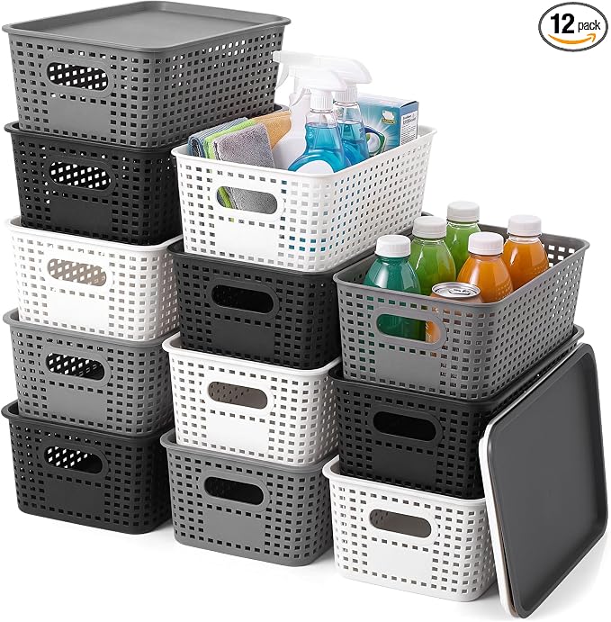 12 Pack Plastic Storage Baskets with Lids Stackable Organizing Bins Storage Baskets Organizers and Containers for Closet, Pantry, Office, 10.2 x 7.2 x 4.1 Inches(Classic Color) by Remerry