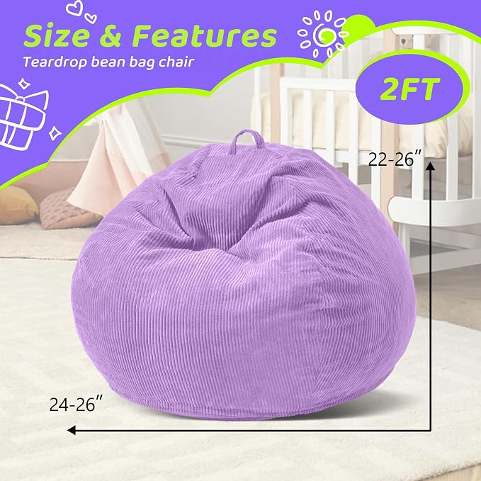 2FT Bean Bag Chair: 2' Small Bean Bags with Memory Foam Filled | Beanbag Chairs with Handle,Teardrop Bean Bag Sofa with Corduroy Machine Washable Cover for Living Room,Bedroom-Purple - Image 2