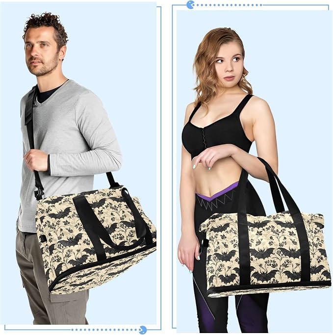 Travel Duffel Tote Bag Bats and Flowers Vintage Sports Duffel Bag with Wet Pocket Weekender Overnight Bag for Women Men Gym Bag, Carry On Bag Hospital Bag for Labor and Delivery - Image 4