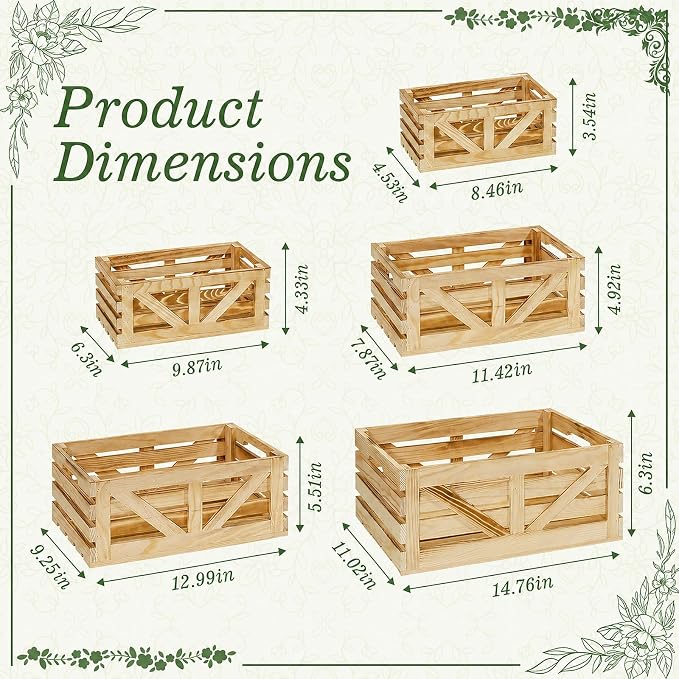 5 Pcs Wooden Crates for Display, Nesting Wood Crate for Storage, 5 Size | Farmhouse Weddings Wooden Basket for Storage Container and Decorations, Rustic Wood Crates for Farmers Market, Birthday, DIY - Image 2