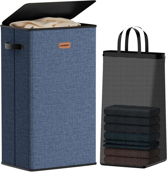 100L Laundry Hamper with Lid, Large Clothes Hampers with Removable Bag, Collapsible Laundry Basket for Bathroom, Bedroom, Laundry Room, Dorm, Navy Blue by Vexalora