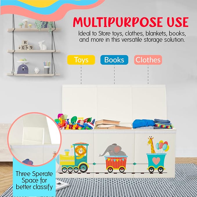 Extra Large Collapsible Sturdy Toy Storage Organizer with Lids, Animal Train Toy Box for Boys Girls, 40"x16"x16", Modern, Beige - Image 5