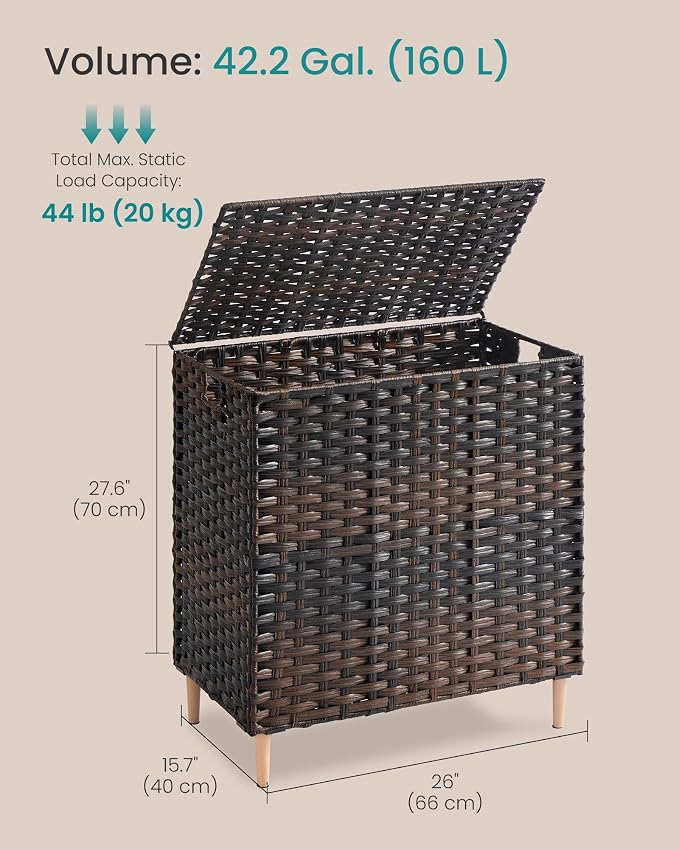 SONGMICS 3-Section Laundry Hamper with Lid, 42.2 Gal (160L) PE Rattan Laundry Basket with Removable Washable Liners, for Bedroom & Living Room, Chestnut Brown ULCB223ME01 - Image 7