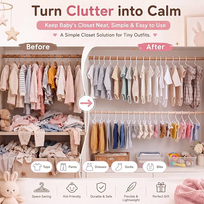 Hsei Baby Hanger with Clip for Pant,60 Packs Total,White,10.6 Inch | 20 Kids Plastic Hanger with 40 Clips for Newborn, Nursery, Daycare, Preschool, Closet, Wardrobe Organizer for Baby Shower - Image 6