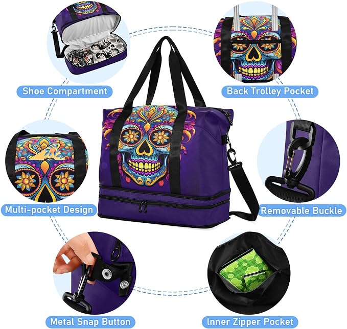 Travel Duffel Tote Bag Gothic Skull Sports Duffel Bag with Wet Pocket Weekender Overnight Bag for Women Men Gym Bag, Carry On Bag Hospital Bag for Labor and Delivery - Image 2