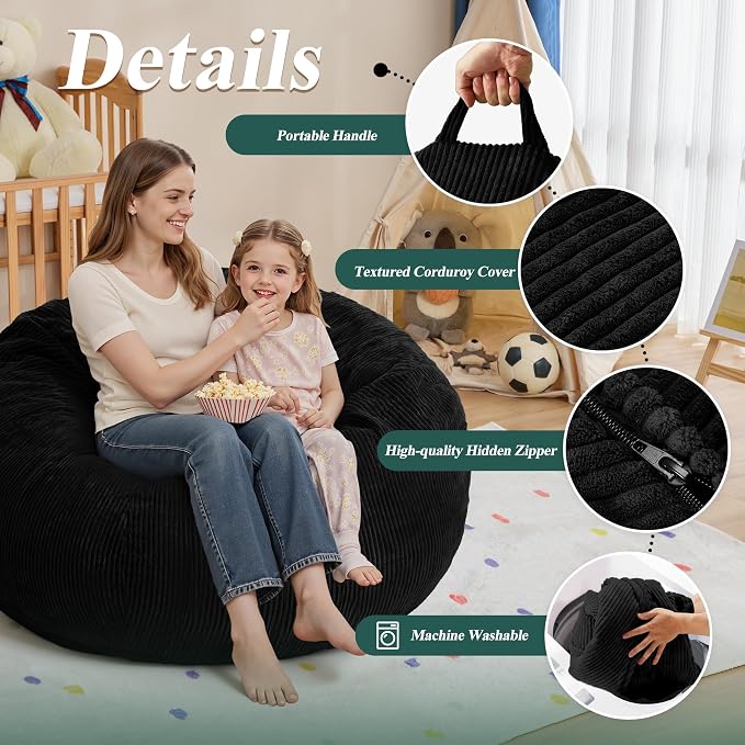 3FT Bean Bag Chair for Adults,3' Big Teardrop Beanbag with Filler | Beanbag Chair with Memory Foam Filled,Bean Bags with Handy Handle&Machine Washable Cover for Living Room,Bedroom-Black - Image 5