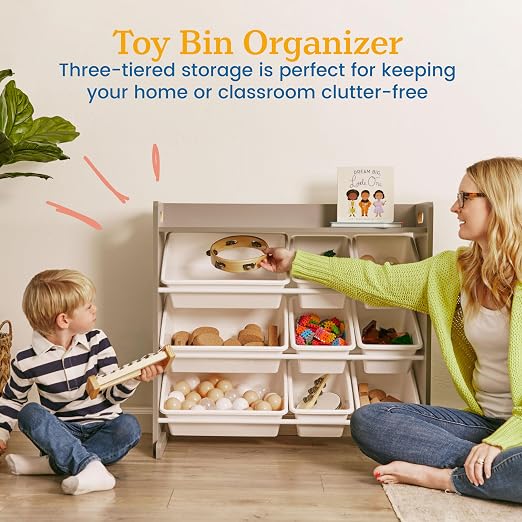ECR4Kids 3-Tier Organizer with Shelf and 9 Removable Plastic Bins, 3x3, Toy Storage, Grey/White | Durable plastic bins, MDF panels, steel frame, GREENGUARD Gold Certified, 36 lb capacity, anti-tip kit, playroom/classroom - Image 4