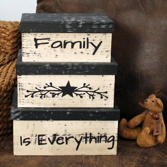 Primitive Vintage Rectangular “Family is Everything” Cardboard Nesting Boxes, Large 12 X 9 X 5-1/2 Inch. Set of 3. - Image 5