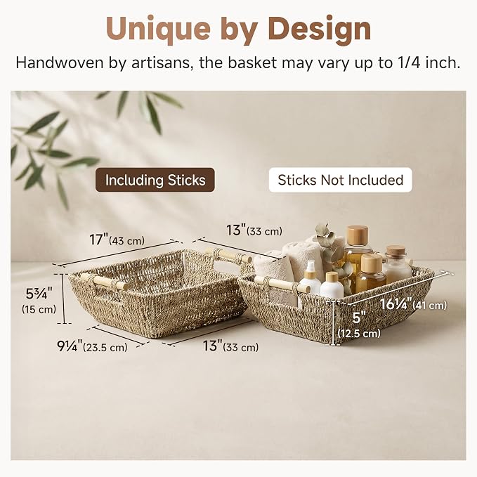 StorageWorks Hand-Woven Jumbo Storage Baskets with Wooden Handles, Seagrass Wicker Baskets for Organizing, 2-Pack | Wicker Storage Baskets for Shelves, Baskets with Wooden Handles, 2-Pack Gifts Basket for Home Decor, Hand-Woven Basket - Image 3