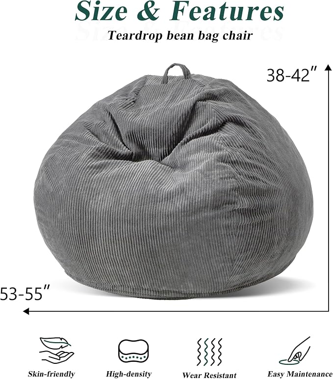 5FT Bean Bag Chair for Adults,Gaint Teardrop Beanbag with Filler | Beanbag Chair with Memory Foam Filled,Bean Bags with Handy Handle&Machine Washable Cover for Living Room,Bedroom-Grey - Image 2