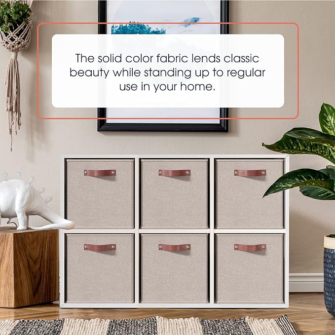 Ornavo Home 11x11 Foldable Fabric Storage Cube Bins, 6 Pack, Beige | Collapsible Linen Shelf Basket Organizer; Leather Handles; Ideal Cube Storage For Closet - Image 2