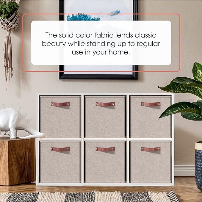 Ornavo Home 13x13 Foldable Fabric Storage Cube Bins, 6 Pack, Beige | Collapsible Linen Shelf Basket Organizer; Leather Handles; Ideal Cube Storage For Closet - Image 2