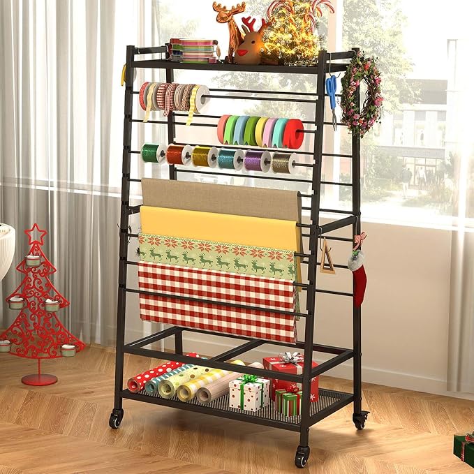 Ribbon Organizer for Craft Room, Rolling Ribbon Holder Black | Double-Sided Ribbon Holder Organizer Rack, Metal Craft Christmas Gift Wrapping Paper Holder, Large Ribbon Storage Rack by yeshine