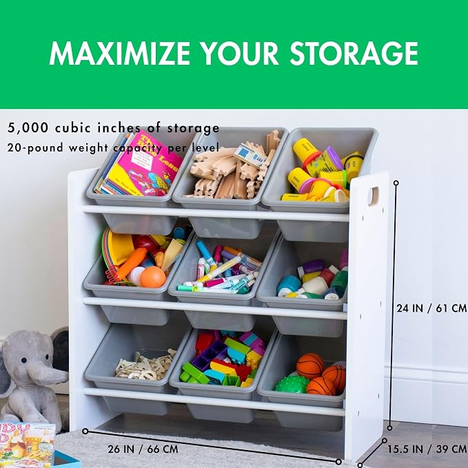 Humble Crew 9-Bin Toy Organizer – Explorer Natural White/Grey Plastic Bins, 3-Tier Storage Solution for Kids' Playrooms and Nurseries - Image 2
