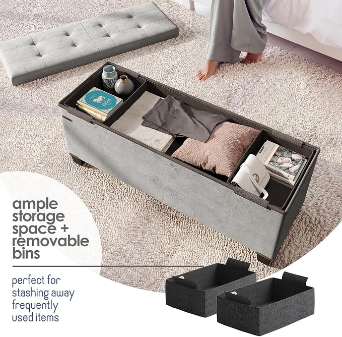 Storage Ottoman Bench with Bins, 43-in Storage Bench for Bedroom End of Bed, Folding Foot Rest Ottoman for Living Room Max 660lbs, Velvet Ottomans, Light Grey - Image 3