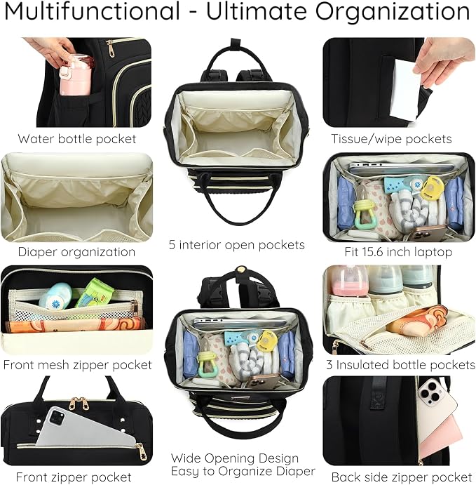 AIJIEKE Large Diaper Bag Backpack, Extra Wide Travel Diaper Bag, Black | Multi-functional waterproof maternity bag. Changing pad, stroller straps, insulated wet/dry pocket. Mom, dad, toddler travel - Image 2