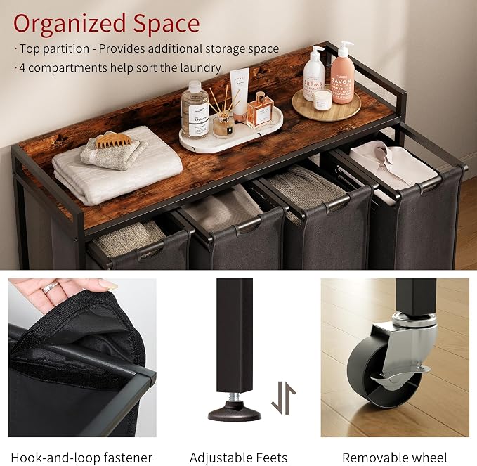 Herture Laundry Hamper with Shelf, Laundry Basket 4 Section, Laundry Sorter with Pull-Out Removable Large Bags and Movable Wheels, Metal Frame, 4 x 15.87 Gallons (60L), Rustic Brown + Black PF07XLY - Image 3