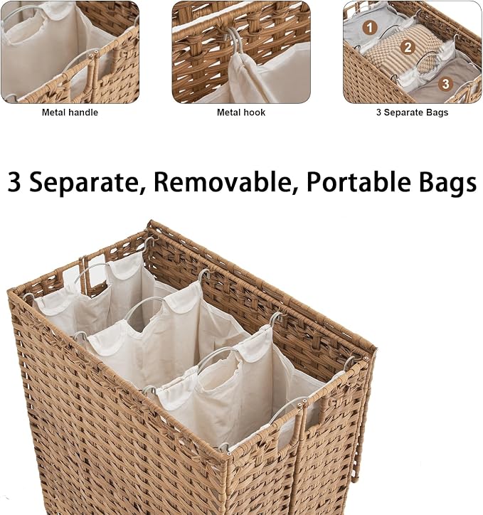 Laundry Hamper with Wheels&Lid, 50.2 Gallons(190L) Rolling Laundry Basket with Wheels, 3-Section Laundry Hamper, Handwoven Rattan Clothes Hamper with 6 Removable Liner& 3 Mesh Laundry Bags, Natural - Image 5