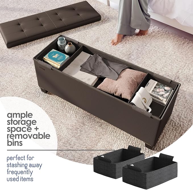 Storage Ottoman Bench with Bins, 43-in Storage Bench for Bedroom End of Bed, Folding Foot Rest Ottoman for Living Room Max 660lbs, Faux Leather Ottomans, Brown - Image 3