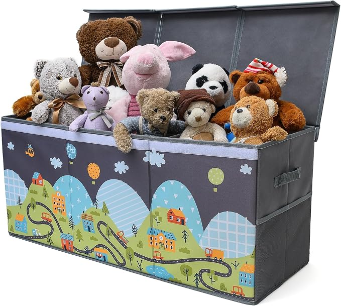 SoftOwl Extra Large Toy Storage Organizer with Lid - Sturdy, Collapsible Toy Chest Storage Box with Cute Design - Toys Bin with Dividers for Kids, Boys, Girls, Nursery, Bedroom, Play room 37"x16"x14" by SoftOwl