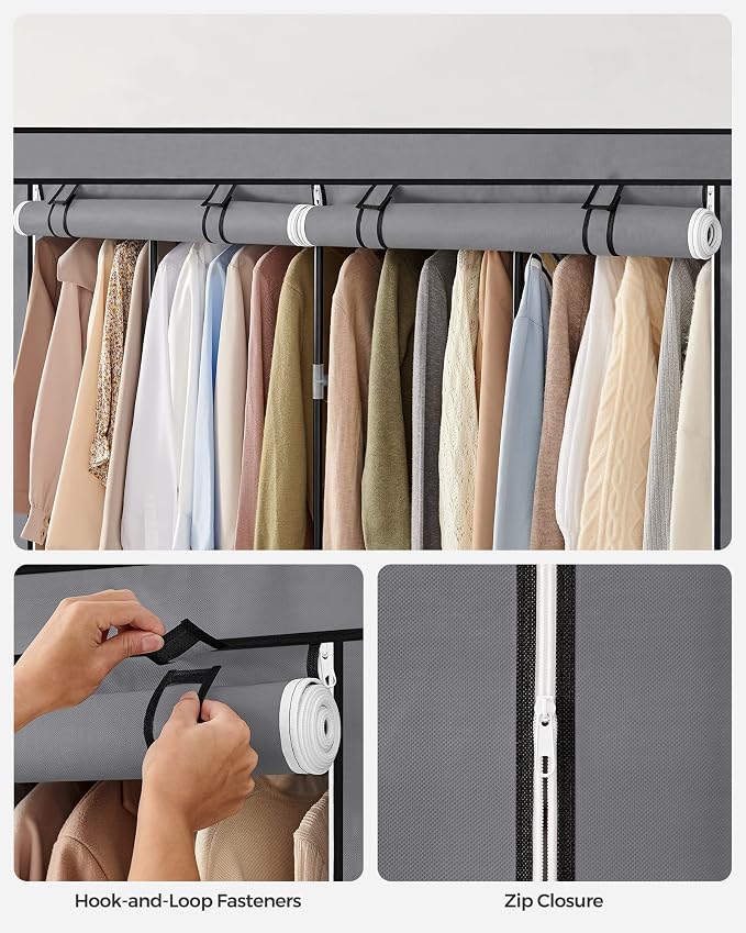 SONGMICS Portable Closet with Cover, 4 Hanging Rods and Shelves | Wardrobe Closet Organizer, 4 Side Pockets, 17.7 x 66.9 x 65.7 Inches, Dove Gray, Rylan Collection URYG094G02 - Image 9