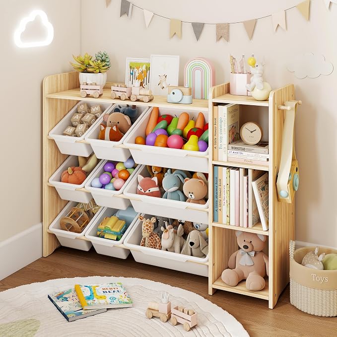 DOREROOM Toy Storage Organizer with Bookshelf, Kids Toy Storage and Organizers with 3 Shelves/9 Bins/3 Hooks, Bin Shelf, Toy Organization for Playroom, Nursery, Bedroom, Toddler Room | Wood & White by DOREROOM
